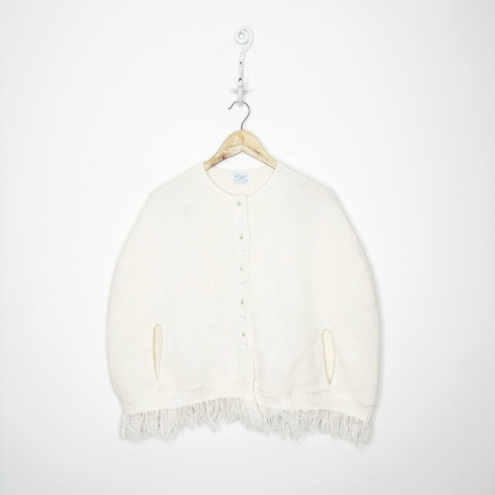 1960s Julius Berger Knit Sweater Cape Poncho One Size Acrylic Cape Pearls Bows